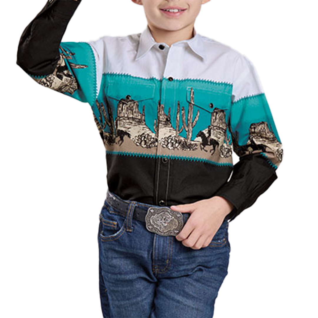 Roper Boys' Desert Border Print Long Sleeve Snap Shirt