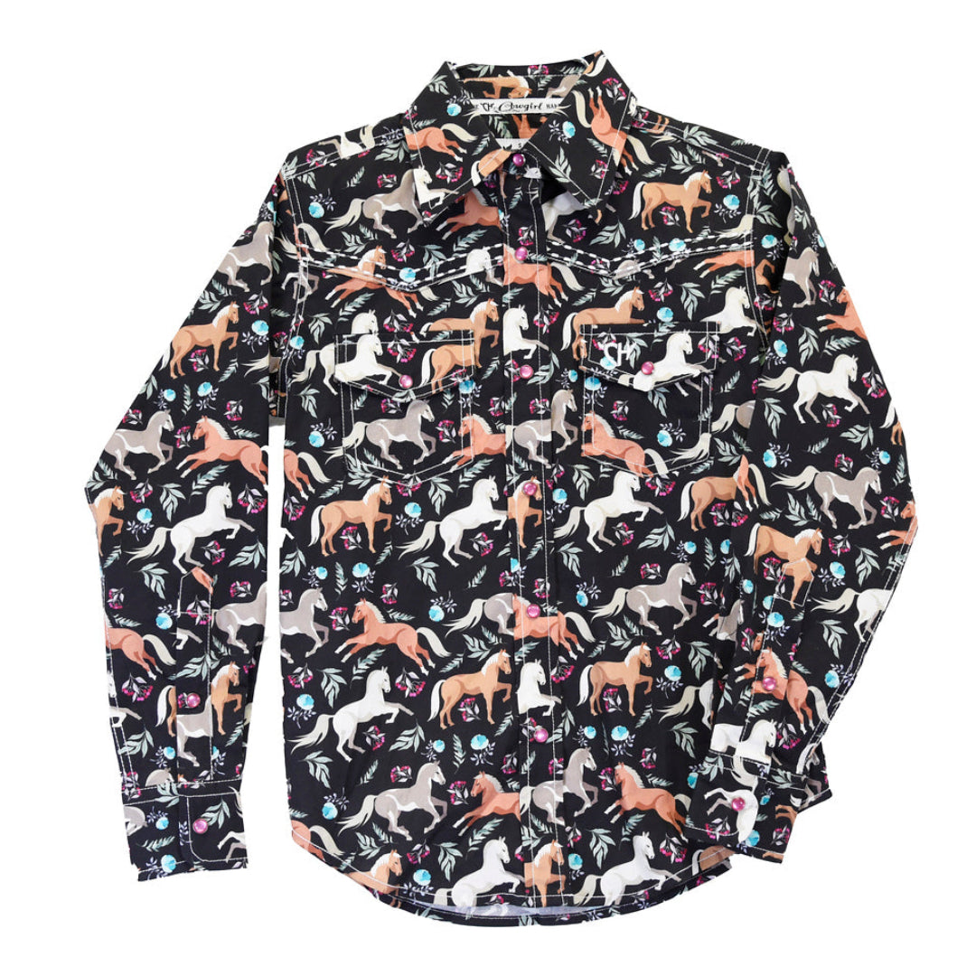 Cowgirl Hardware Girls' Horse Print Snap Shirt