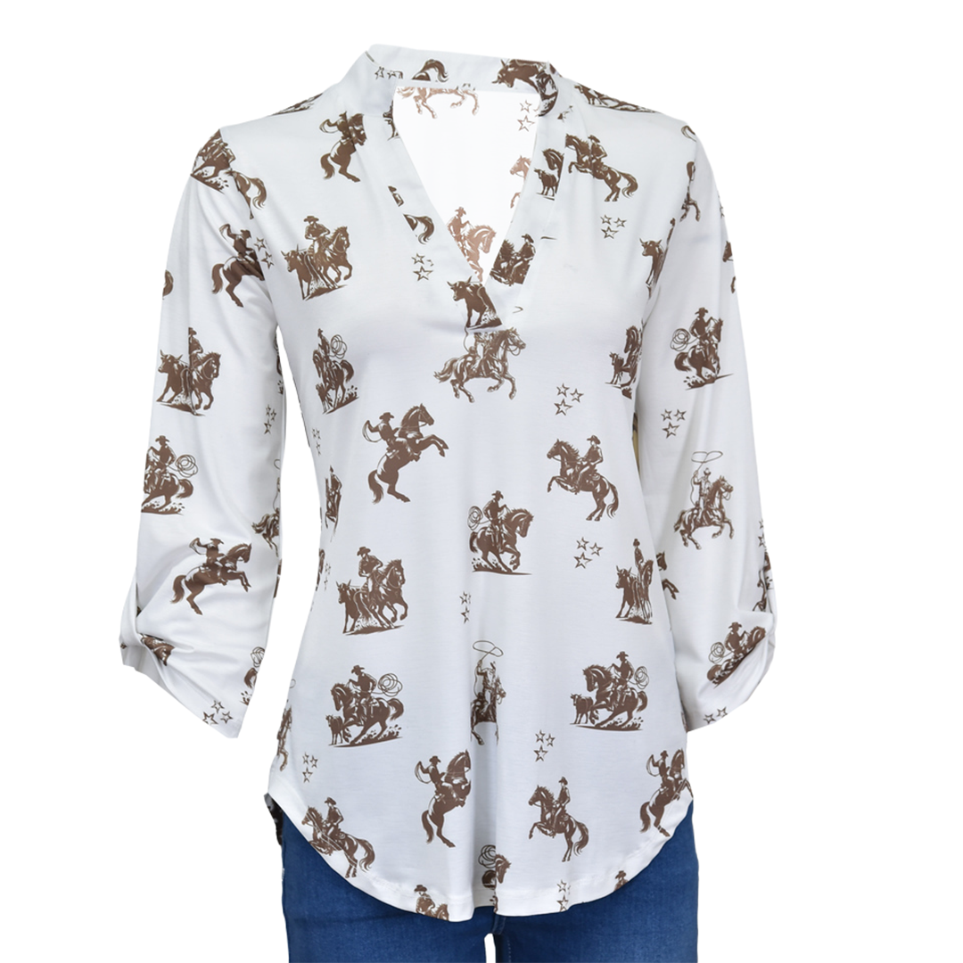 Cowgirl Hardware Women's 3/4 Sleeve Bronco Print Blouse