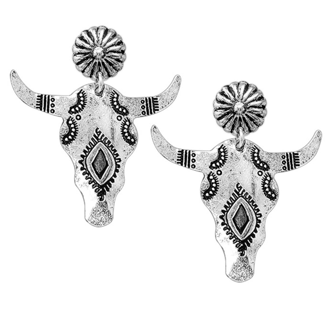 Boucles d'oreilles Wyo Horse pour femme en argent martelé, motif tête de vache