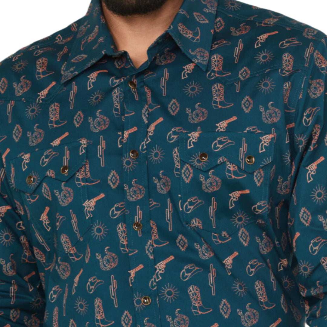 Chemise à manches longues à boutons-pression avec imprimé cowboy Rock & Roll Denim pour homme