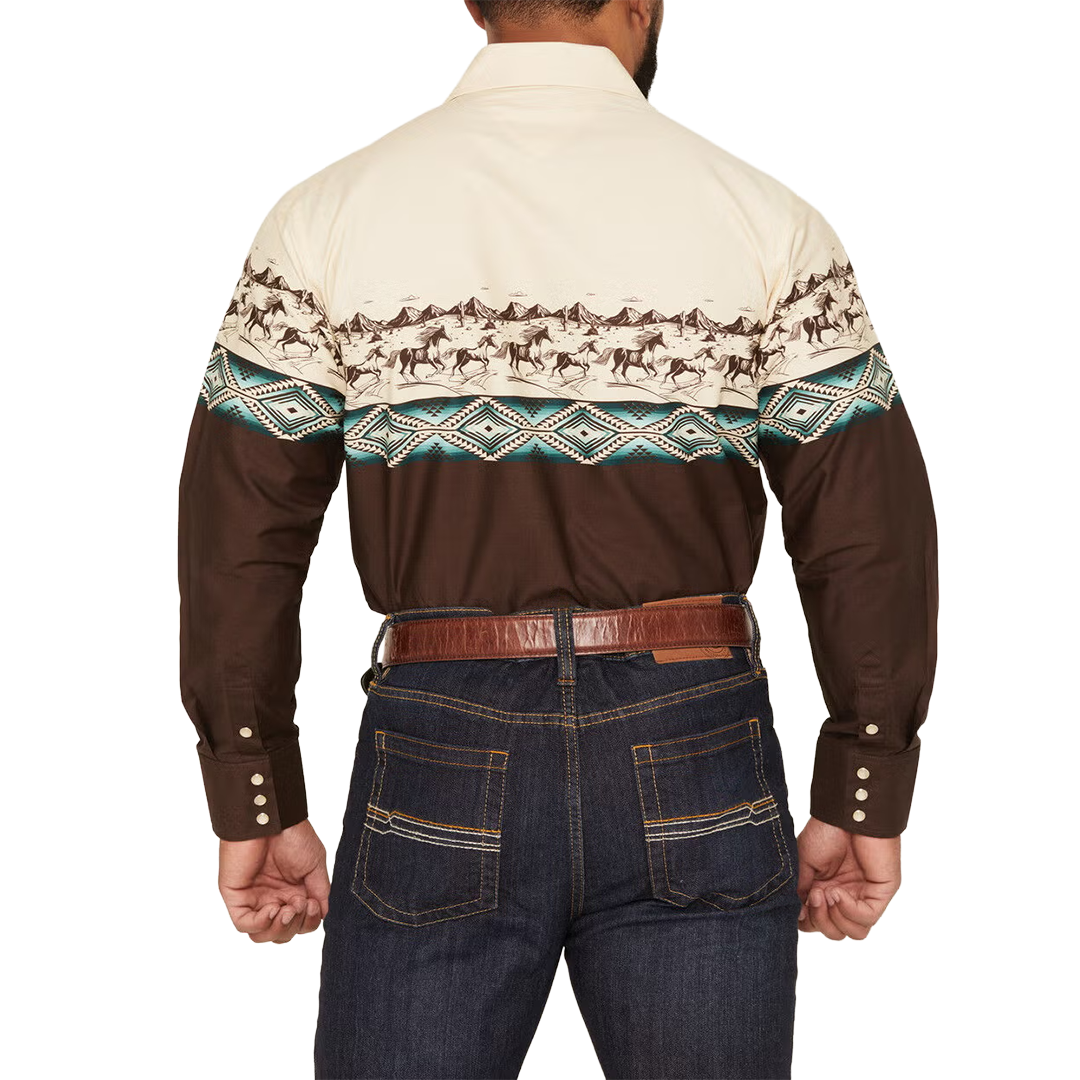 Chemise à pression à manches longues imprimée motif bordure Panhandle pour hommes