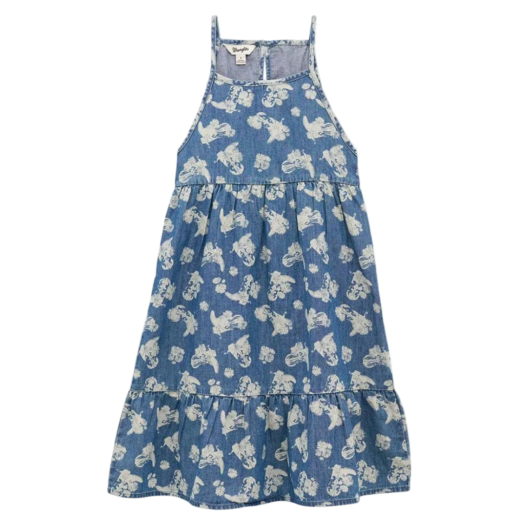 Wrangler Girls' Cowboy Boot Print Sleeveless Denim Dress