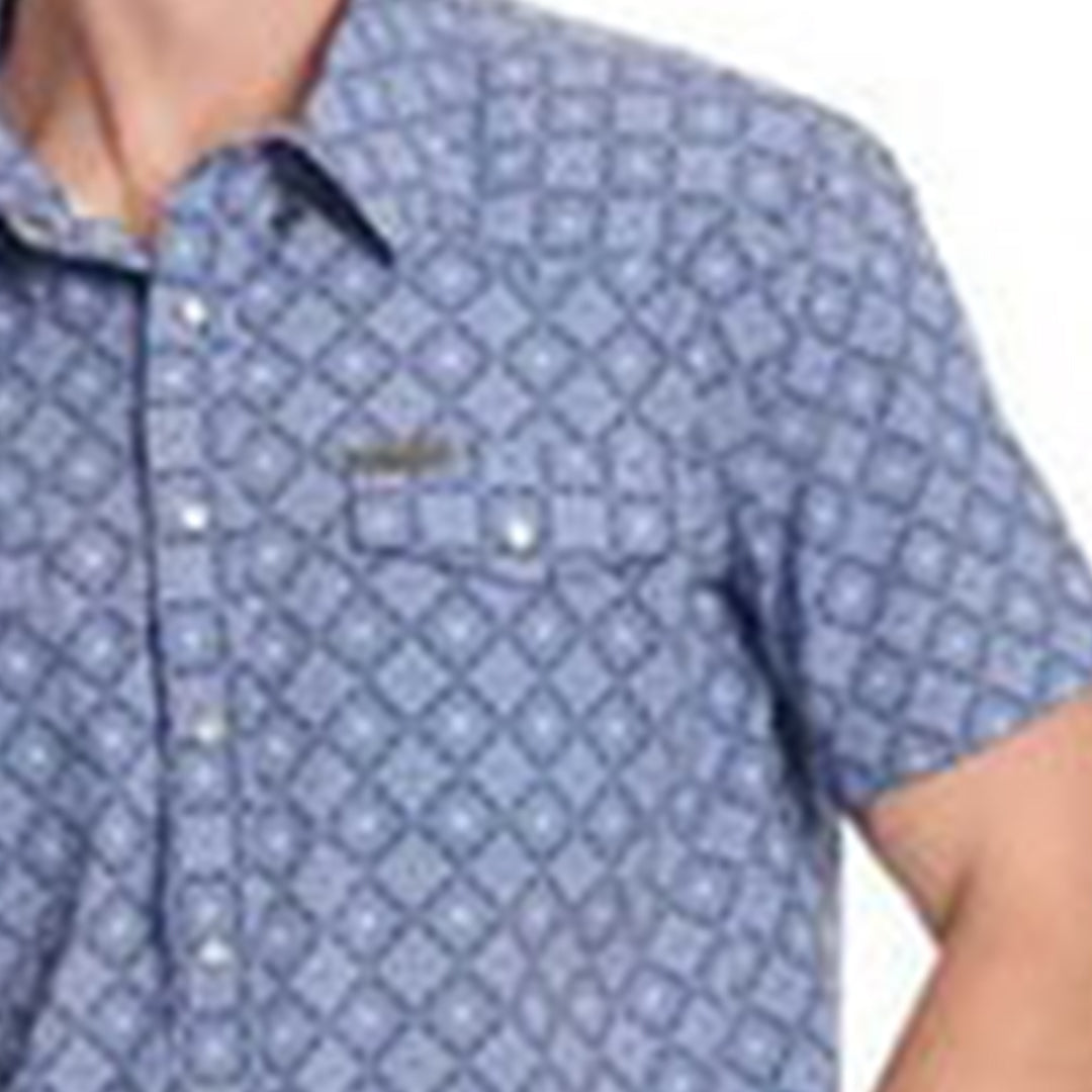 Chemise à manches courtes Panhandle pour hommes, tissée, ajustée, bleue, motif médaillon, à boutons-pression