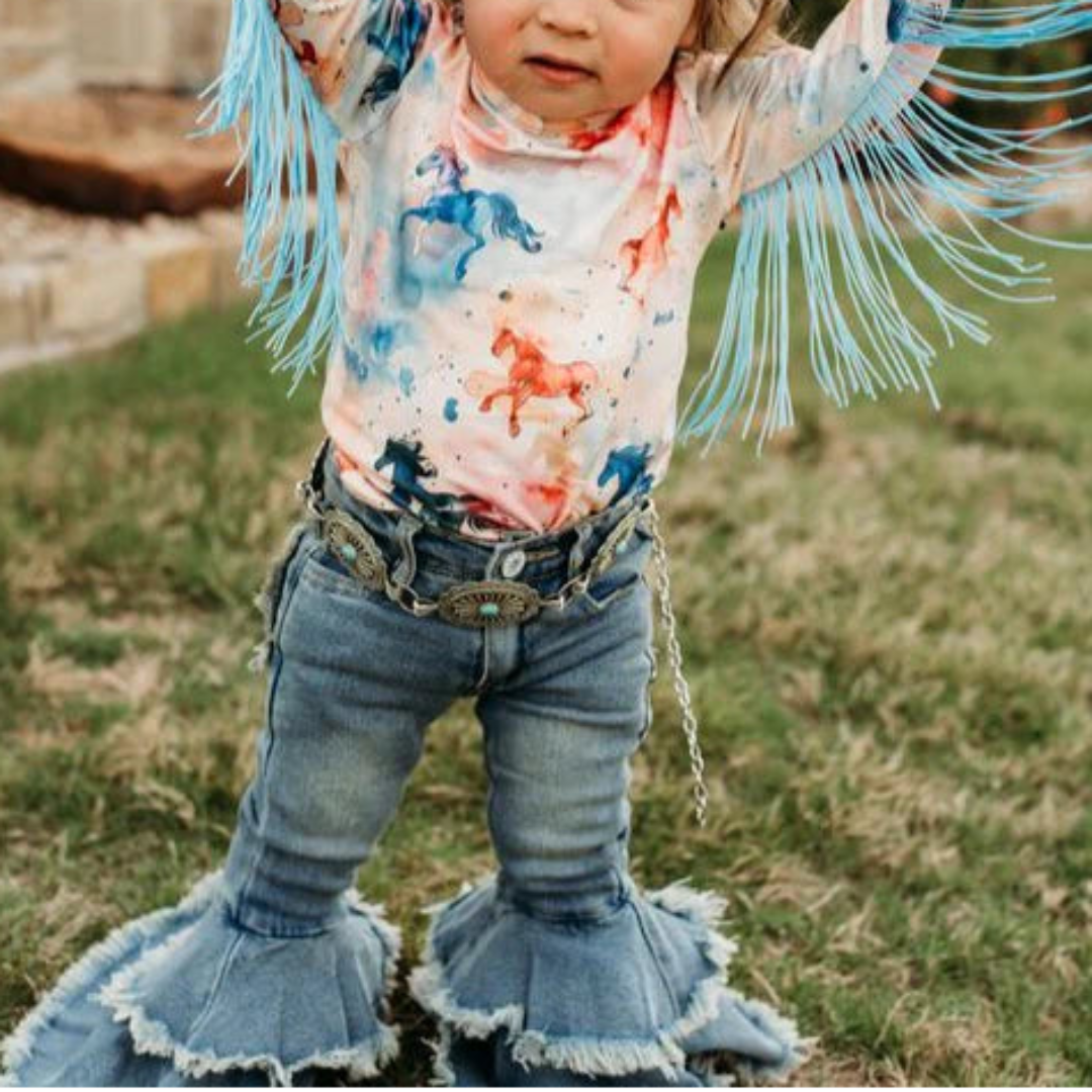 Shea Baby Baby Girls' Watercolor Horse Fringe Long Sleeve Onesie