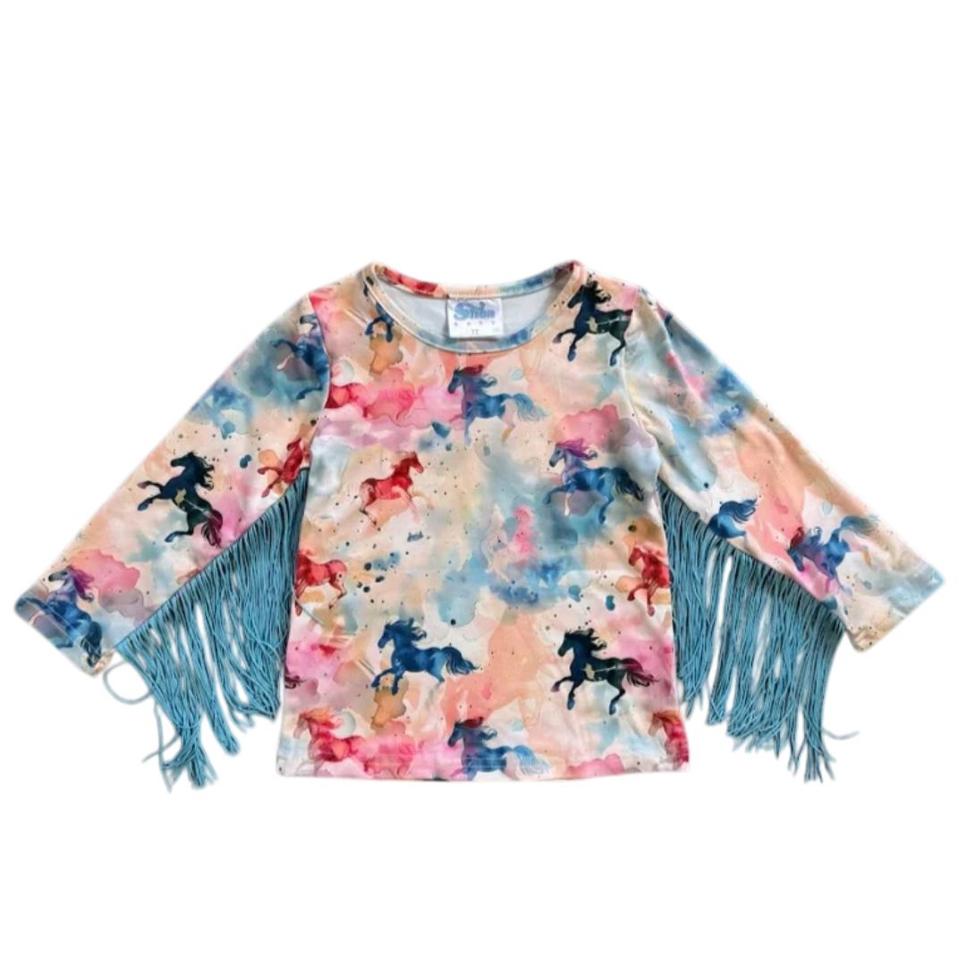 Shea Baby Toddler Girls' Watercolor Horse Fringe Long Sleeve Shirt