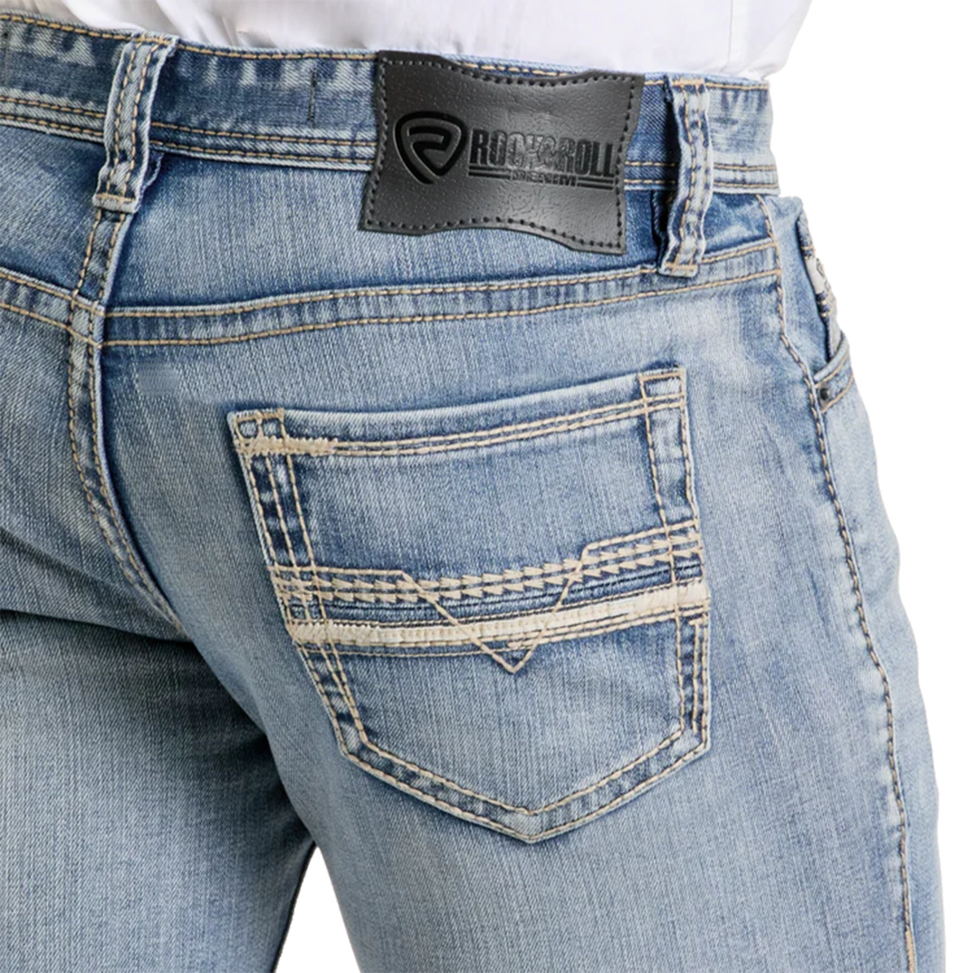 Rock & Roll Denim Men's Slim Fit Leather Stitch Pocket Straight Leg Jeans