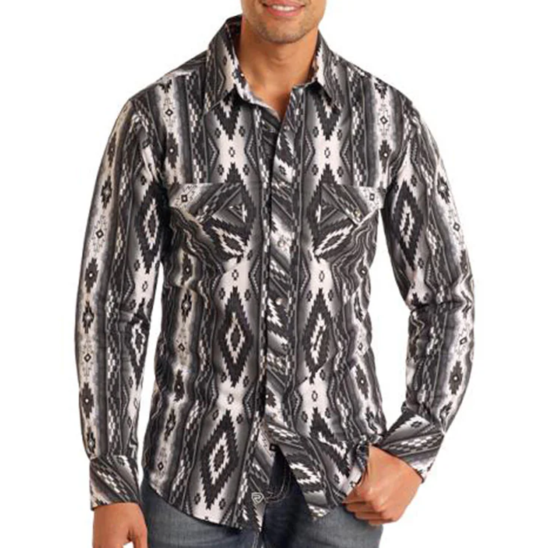 Chemise à pression à manches longues imprimée Aztec Rock & Roll Denim pour homme