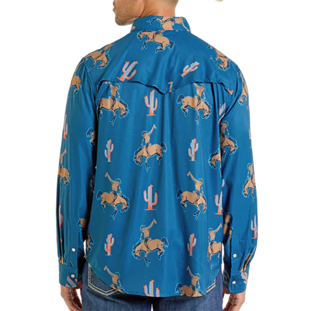 Rock & Roll Denim Men's Cactus And Bronco Print Long Sleeve Snap Shirt
