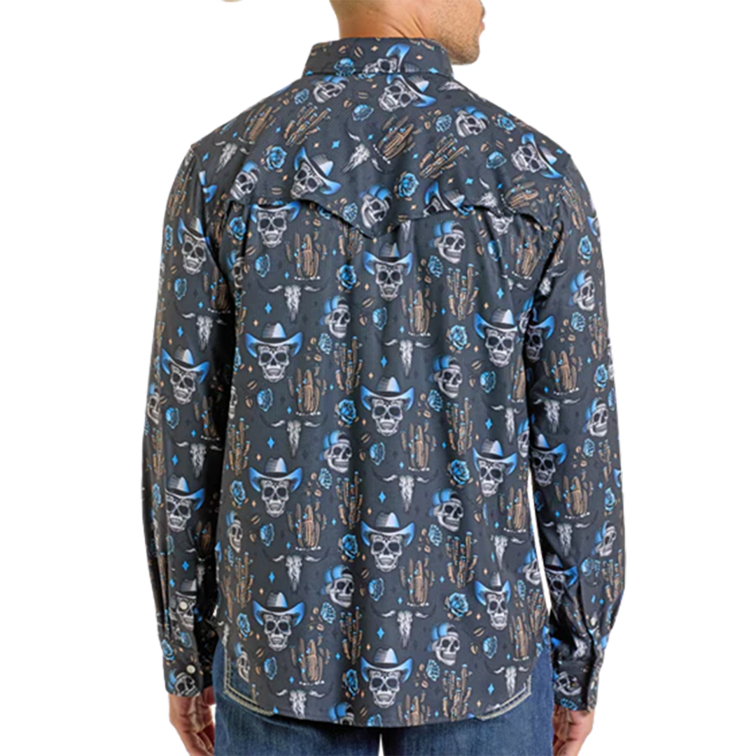 Chemise à manches longues à boutons-pression avec imprimé tête de mort Rock & Roll Denim pour homme