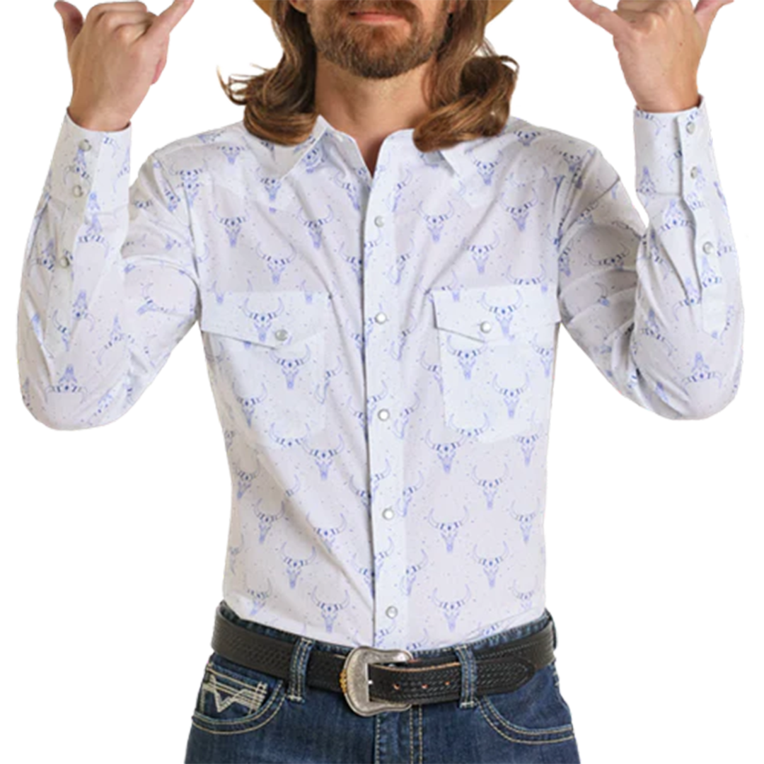 Rock & Roll Denim Men's Longhorn Print Long Sleeve Snap Shirt