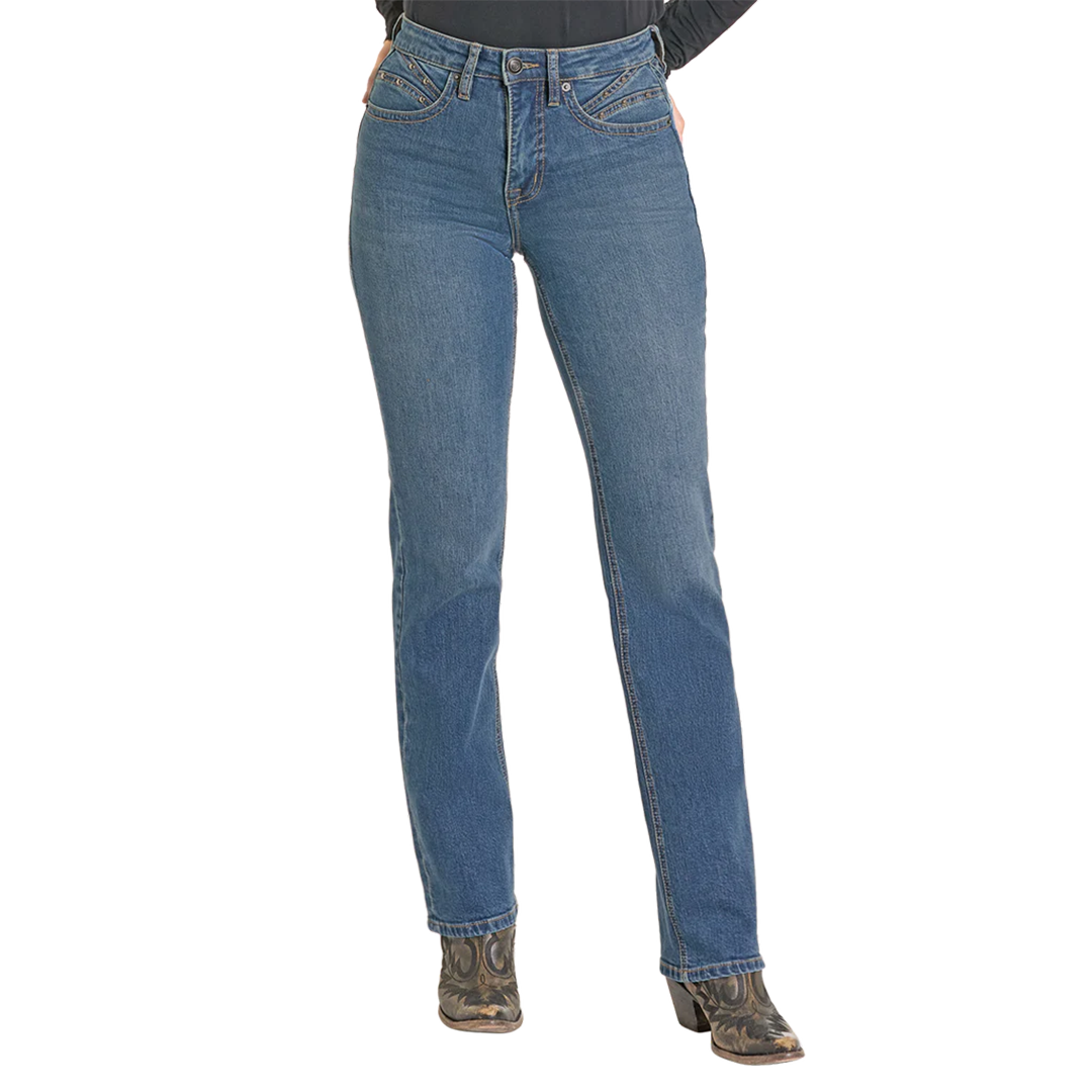 Rock & Roll Denim Women's High Rise Studded Pocket Modest Bootcut Jeans