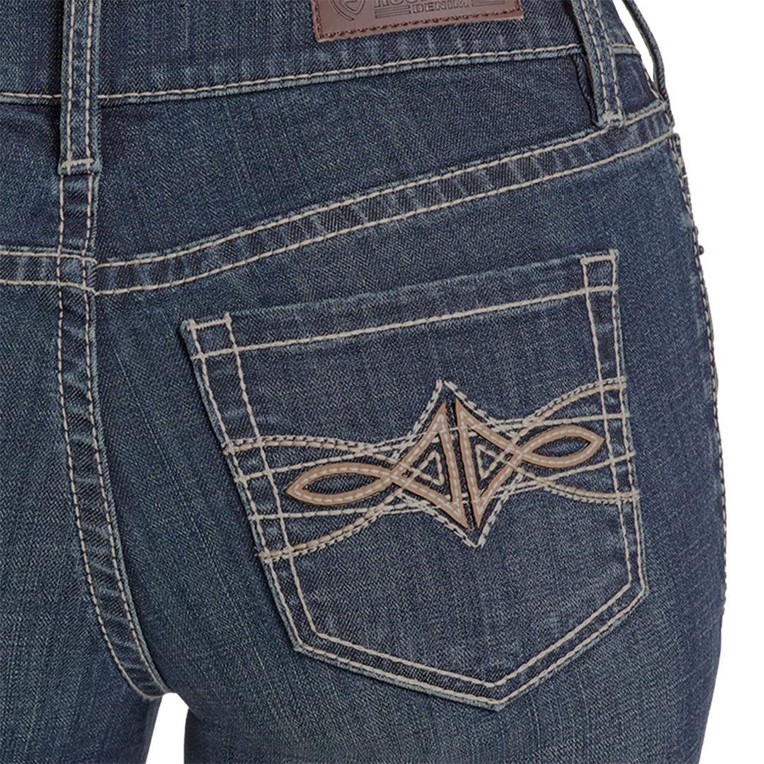Rock & Roll Denim Women's Leather Embroidered Pocket Modest Bootcut Jeans