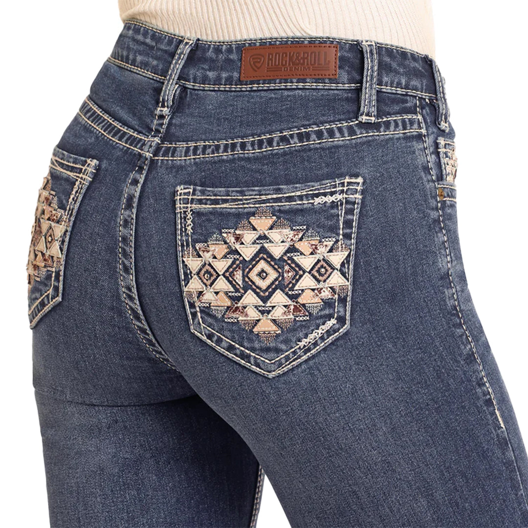 Jean en denim extensible pour femme avec poches géométriques coupe bootcut Rock & Roll Denim