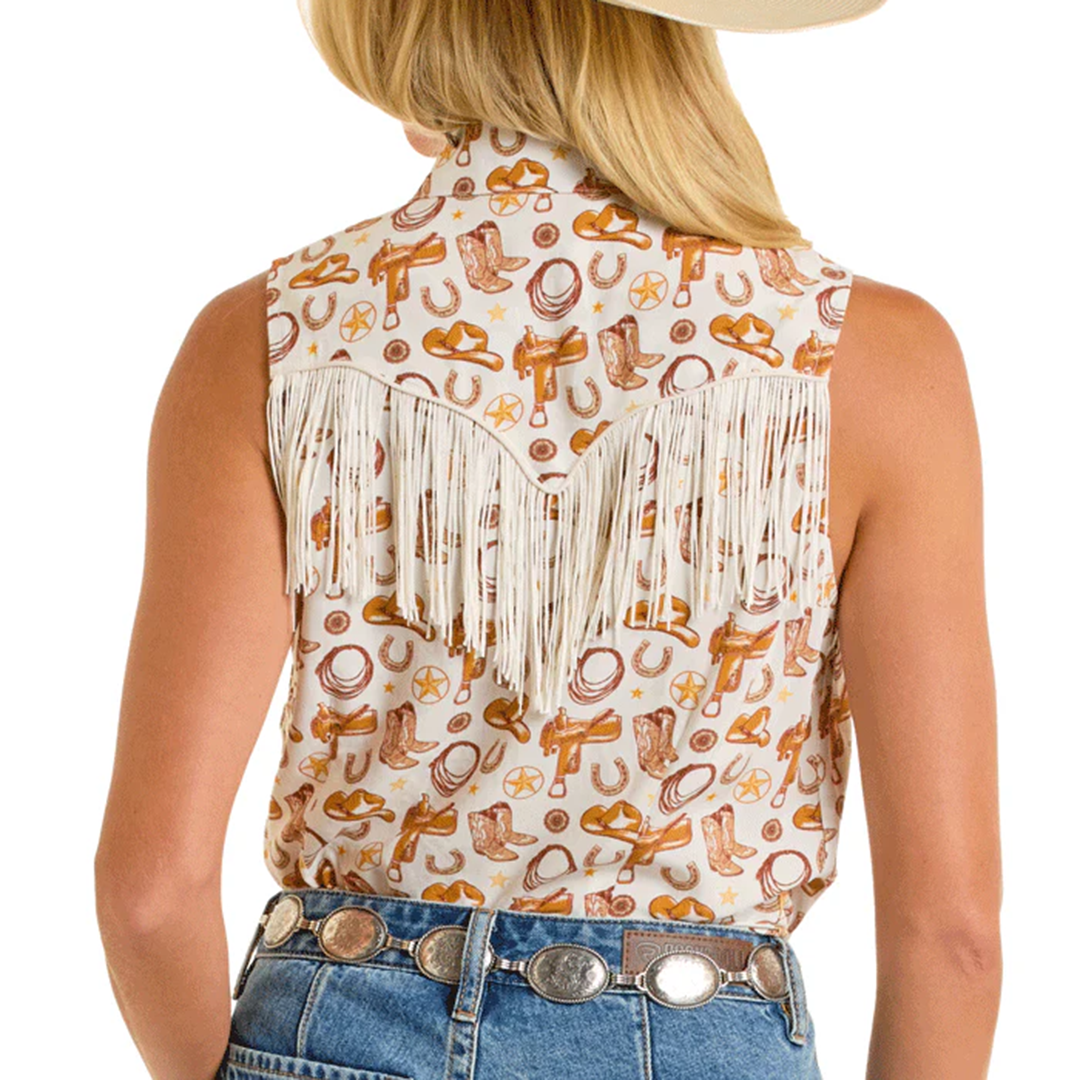 Chemise sans manches Rock & Roll Denim pour femme à boutons-pression et imprimé fantaisie