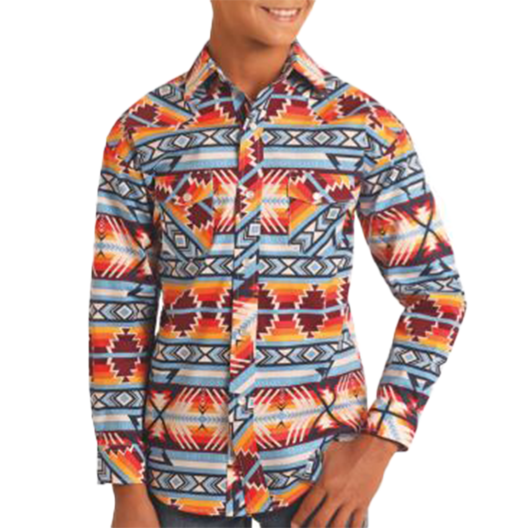 Chemise à boutons-pression manches longues Rock & Roll Denim pour garçons, motif aztèque