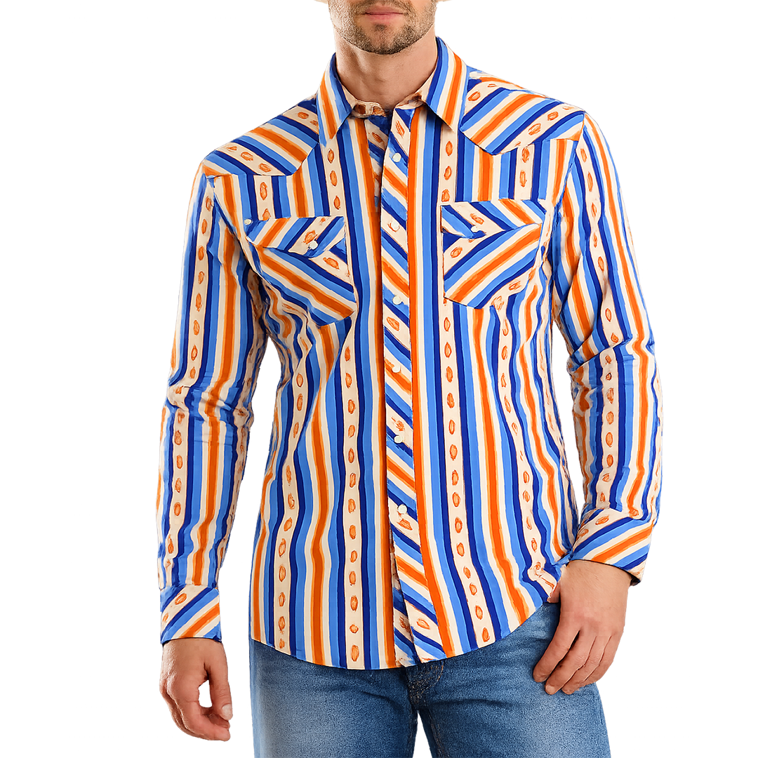 Rock & Roll Denim Men's Serape Striped Print Long Sleeve Snap Shirt