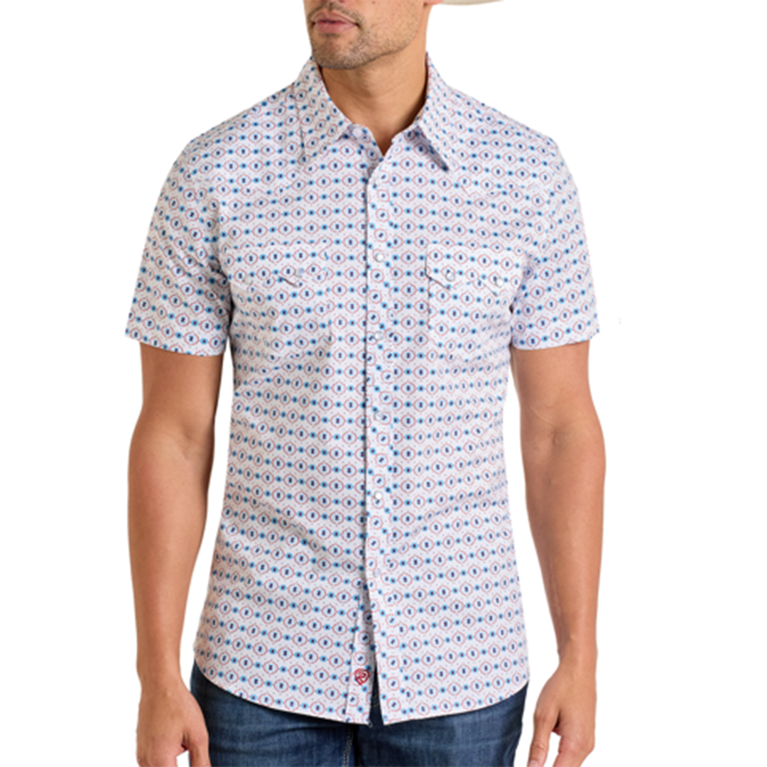 Rock & Roll Denim Men's Aztec And Geometric Print Short Sleeve Snap Shirt