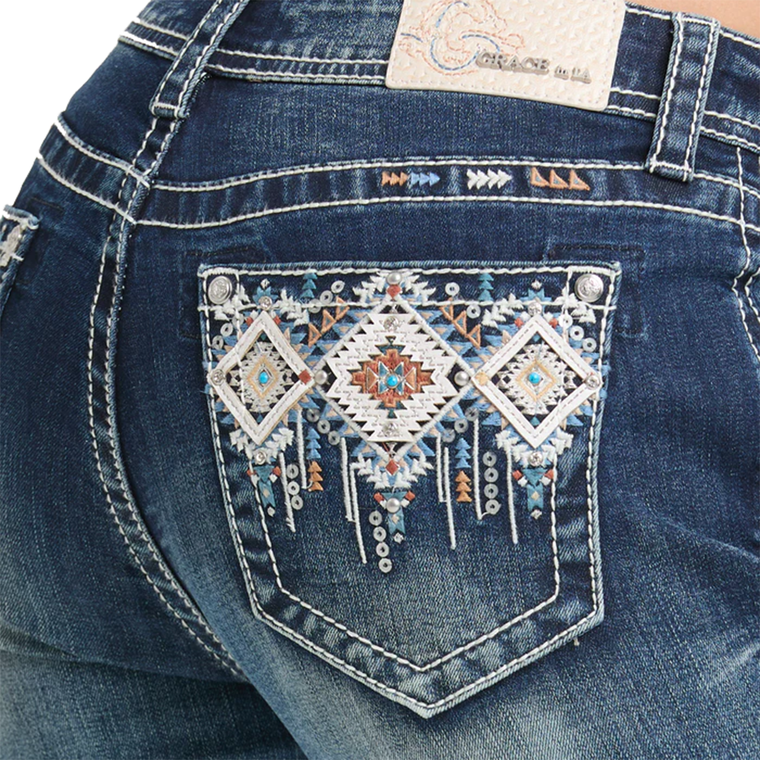 Grace in LA Women's Aztec Colored Embroidery Mid Rise Bootcut Jeans