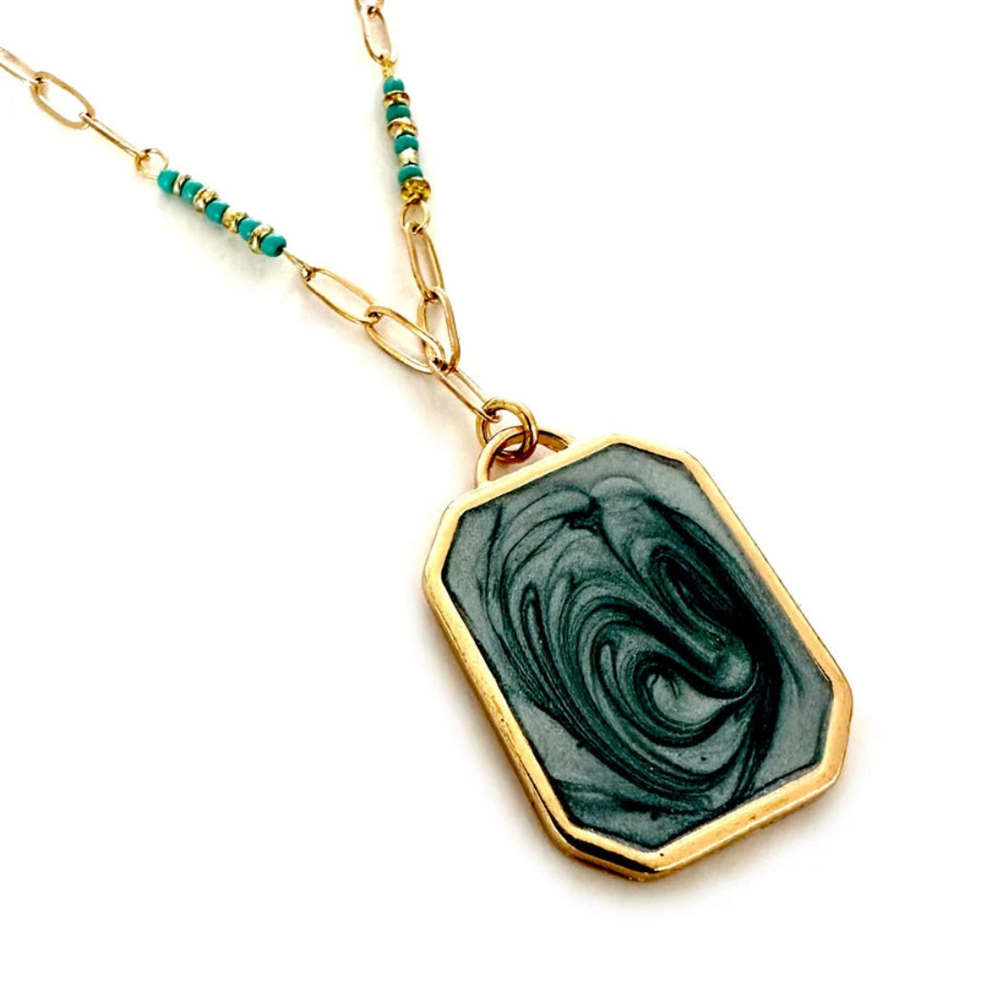 Wyo Horse Women's Marble Enamel Pendant and Seed Bead Chain Necklace