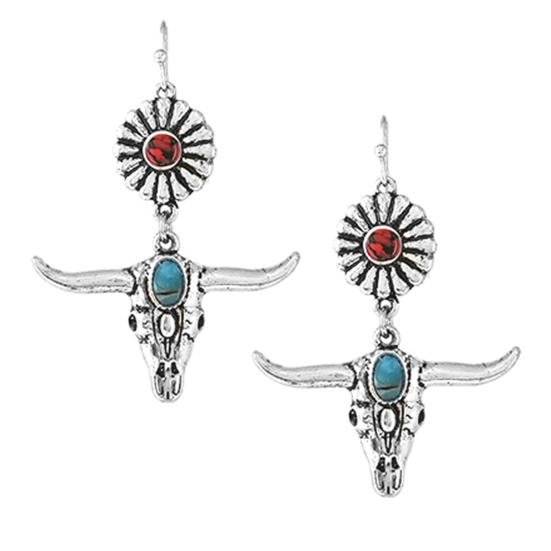 Boucles d'oreilles pendantes Longhorn et Fleur Wyo Horse pour femme