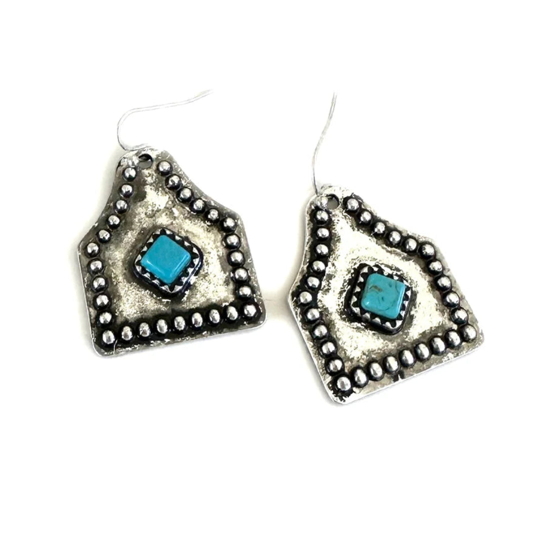 Wyo Horse Women's Silver Cowtag with Turquoise Diamond Earrings