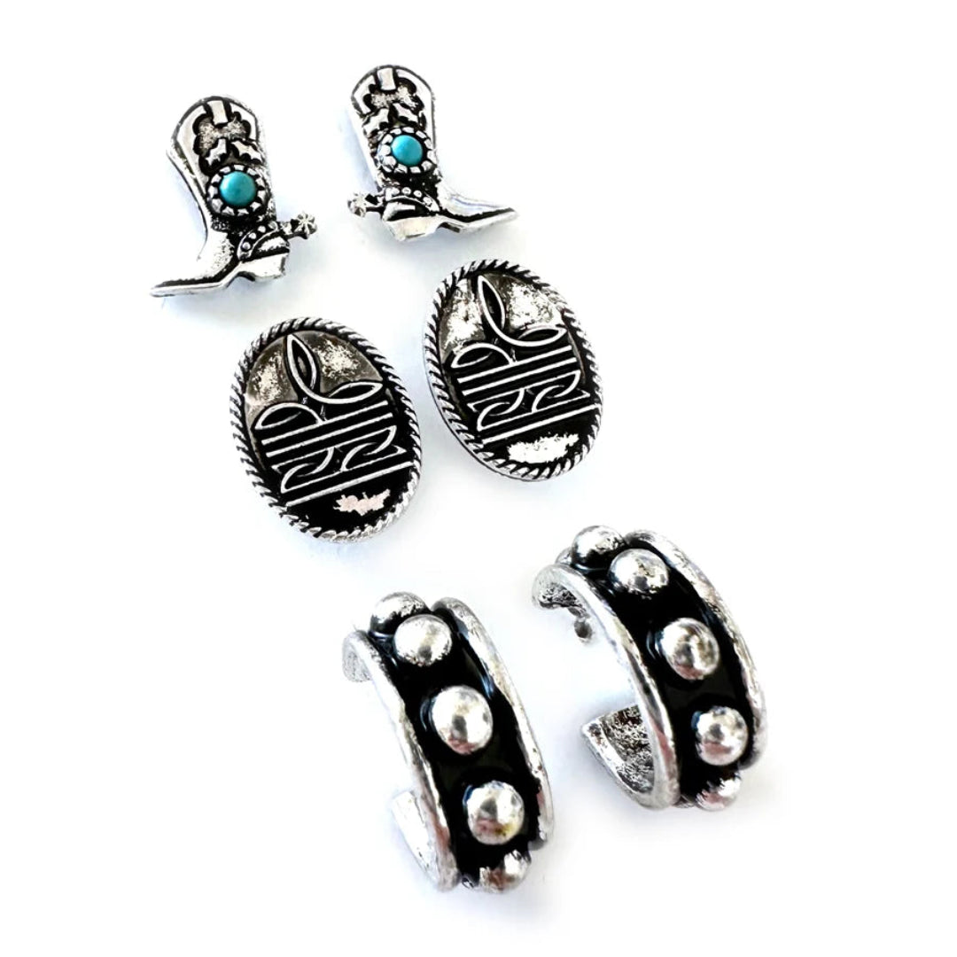 Wyo Horse Women's Set of Three Pair of Rodeo Stud Earrings