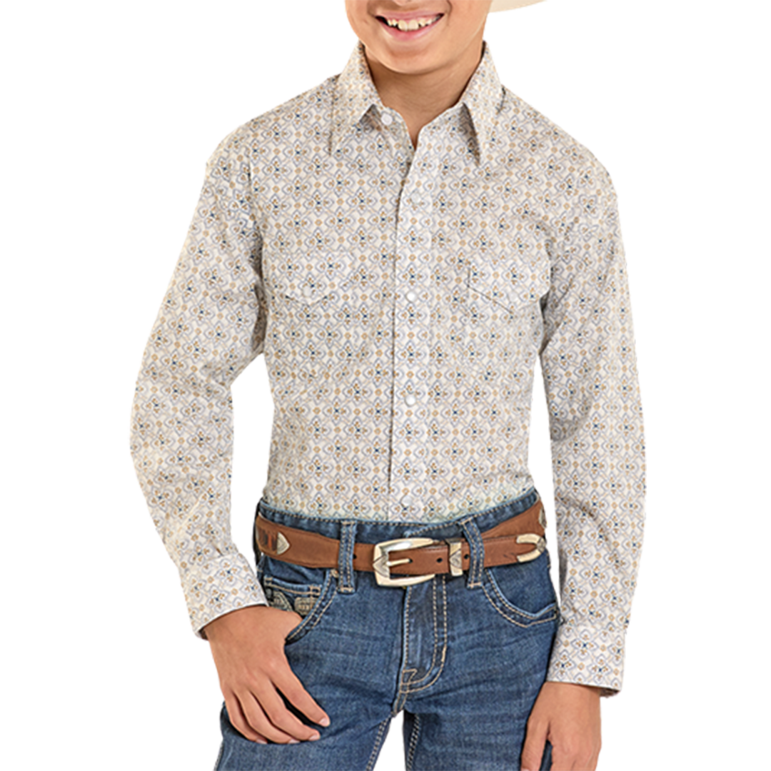 Chemise à manches longues à boutons-pression avec imprimé floral médaillon vintage moderne pour garçons Panhandle