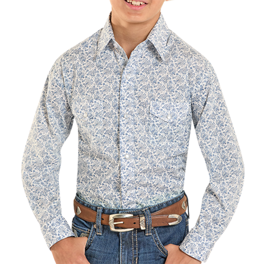 Chemise à manches longues à boutons-pression avec imprimé floral médaillon vintage moderne pour garçons Panhandle
