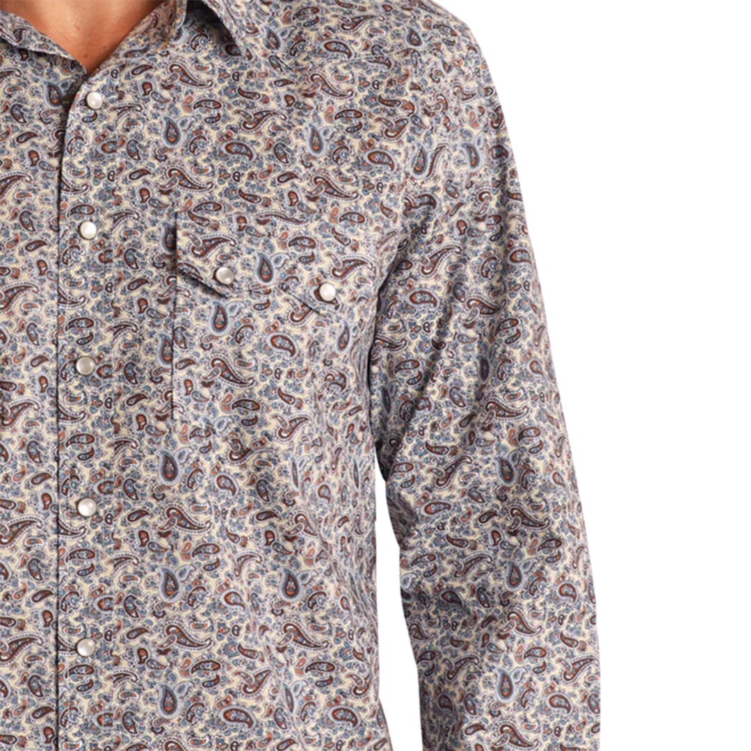Chemise à manches longues avec boutons-pression Panhandle pour homme, motif cachemire rétro vintage