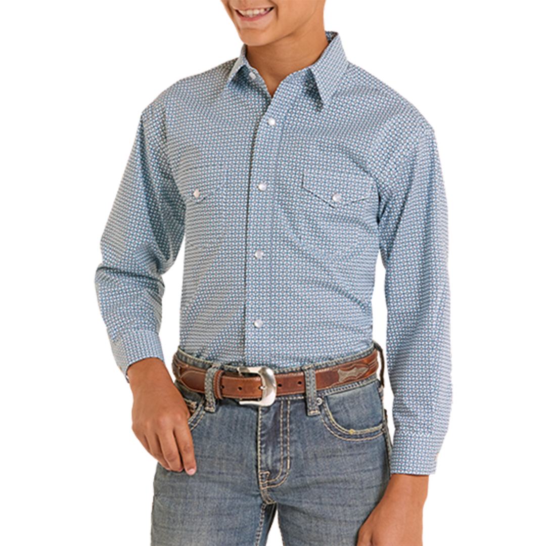 Rough Stock Boys' Geometric Print Long Sleeve Snap Shirt