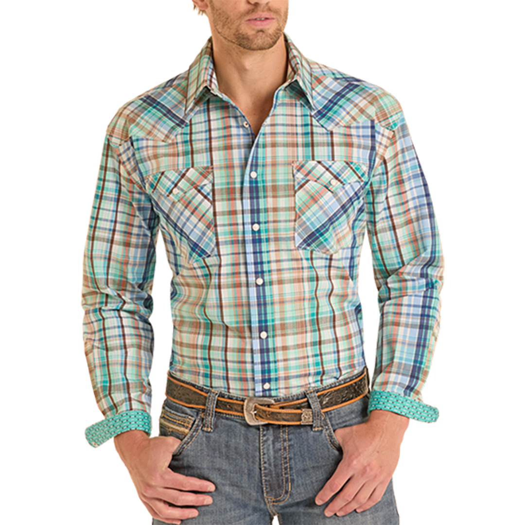 Rough Stock Men's Plaid Print Long Sleeve Snap Shirt