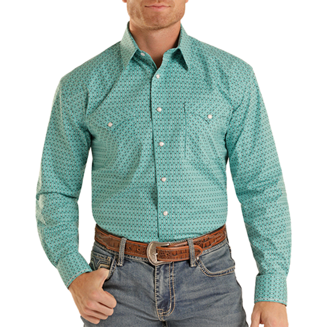 Rough Stock Men's Geometric Stripe Print Long Sleeve Snap Shirt
