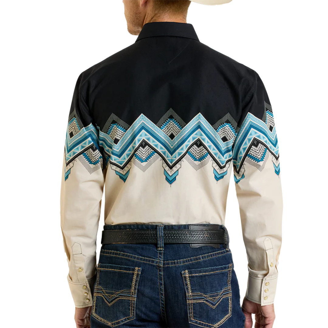 Panhandle Men's Mini Chevron Aztec Print Border Long Sleeve Snap Shirt