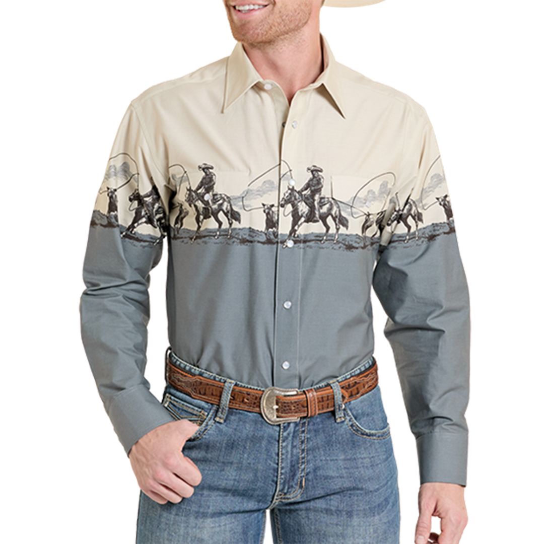 Panhandle Men's Border Print Long Sleeve Snap Shirt
