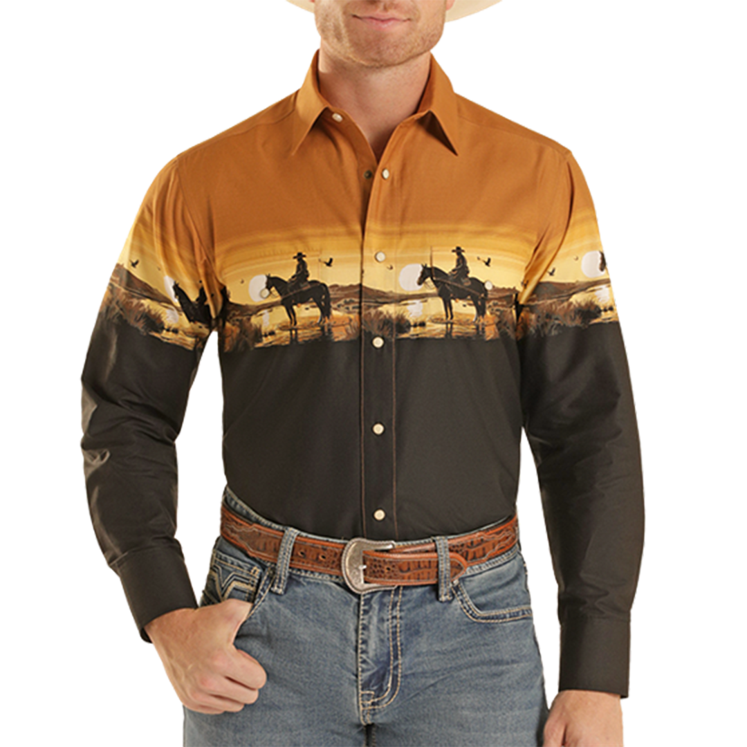 Chemise à pression à manches longues imprimée motif bordure Panhandle pour hommes