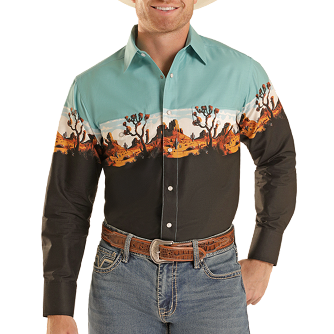 Panhandle Men's Desert Border Print Long Sleeve Snap Shirt