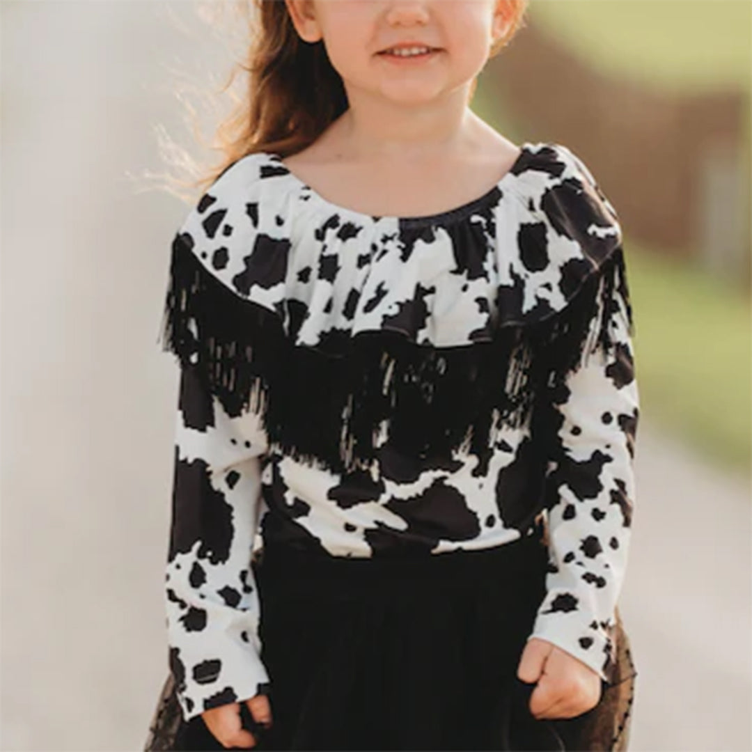 Haut à franges et épaules dénudées imprimé vache pour petites filles Shea Baby