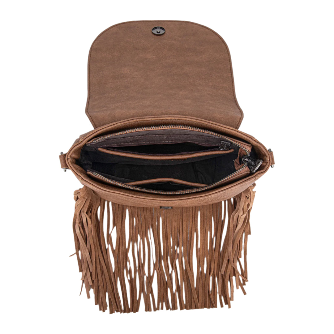 Trinity Ranch Genuine Hair-On Cowhide Tooled Fringe Crossbody