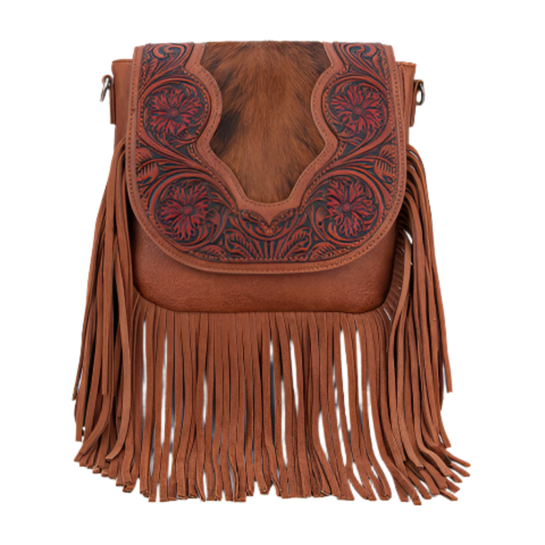 Trinity Ranch Genuine Hair-On Cowhide Tooled Fringe Crossbody