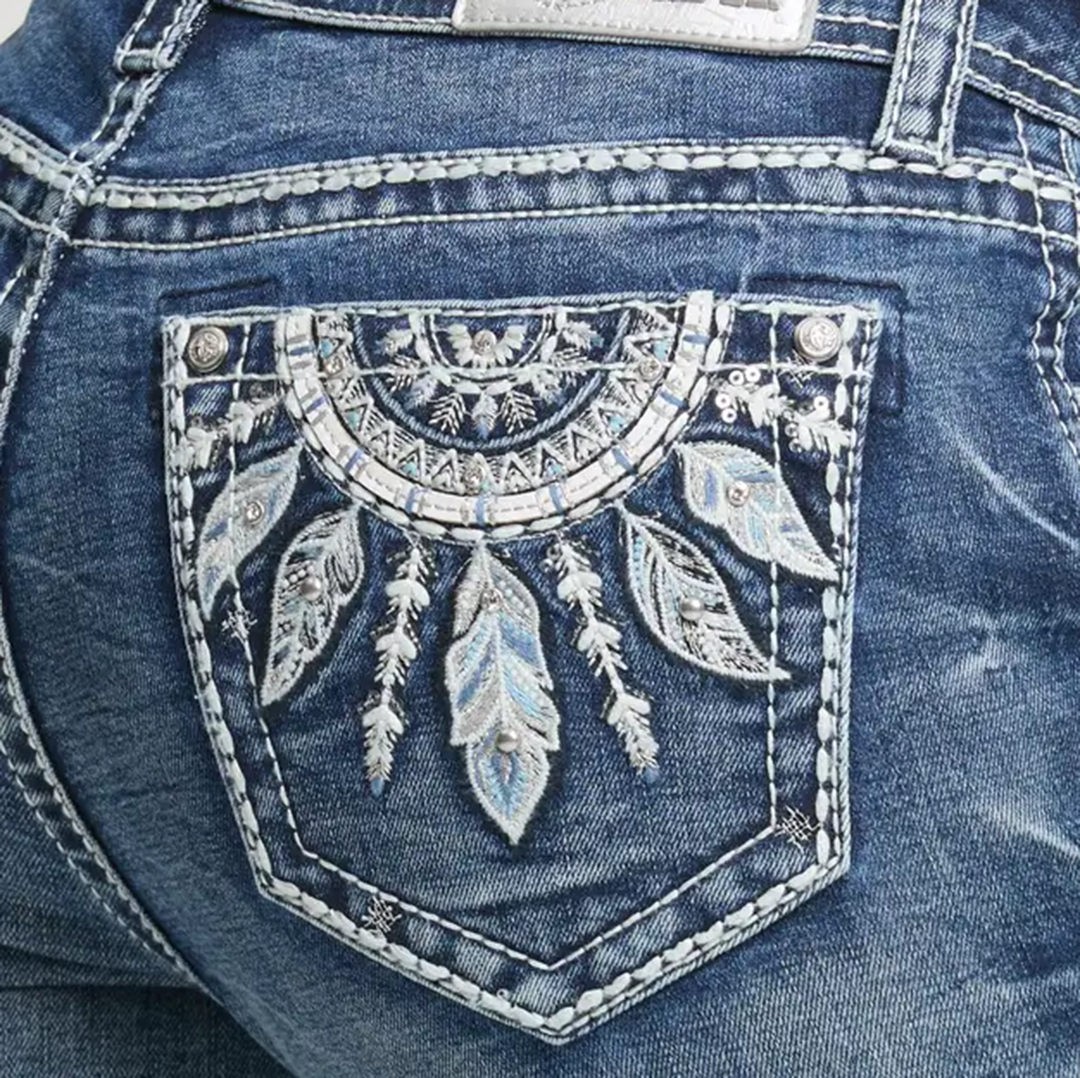 Grace in LA Women's Dream Catcher Embroidery Mid Rise Bootcut Jeans