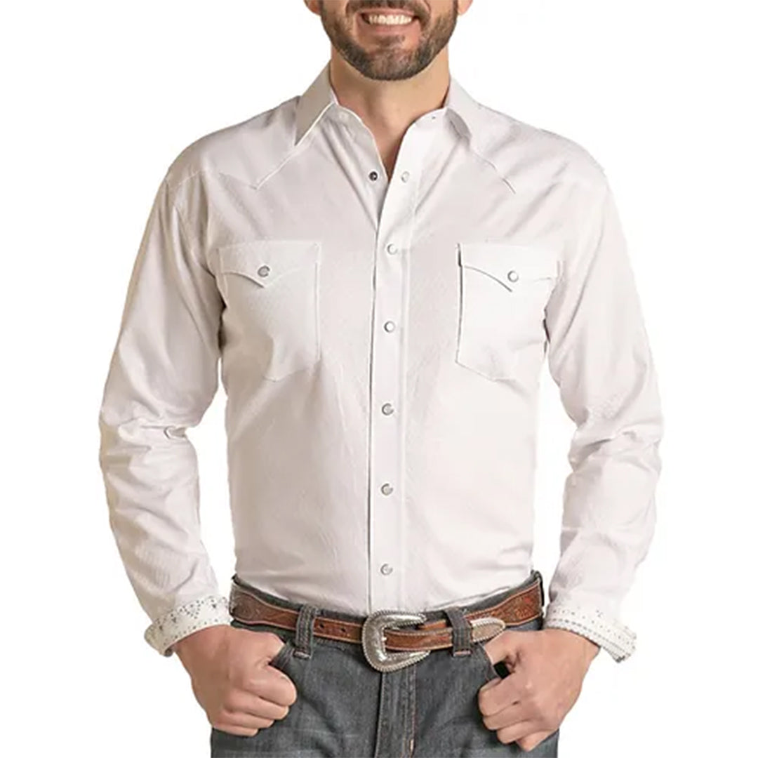 Chemise à boutons-pression à manches longues et motif losanges ton sur ton Rough Stock pour homme