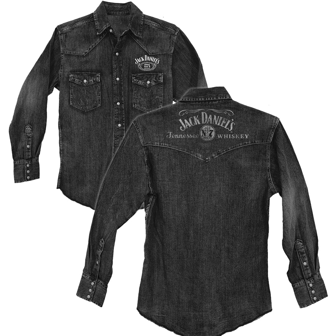 Chemise Jack Daniels en Jean Noir à Manches Longues et Boutons Pression