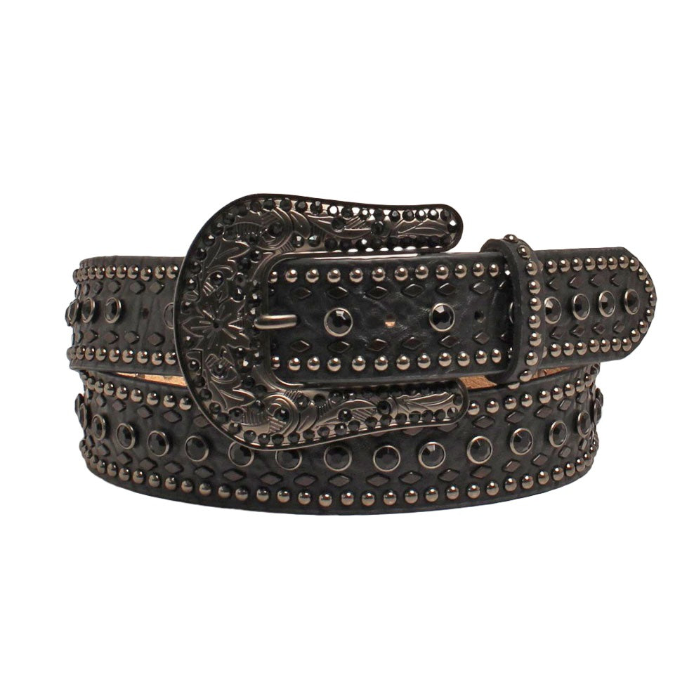 Ceinture en cuir noir Nocona Rhinestone & Stud pour femme