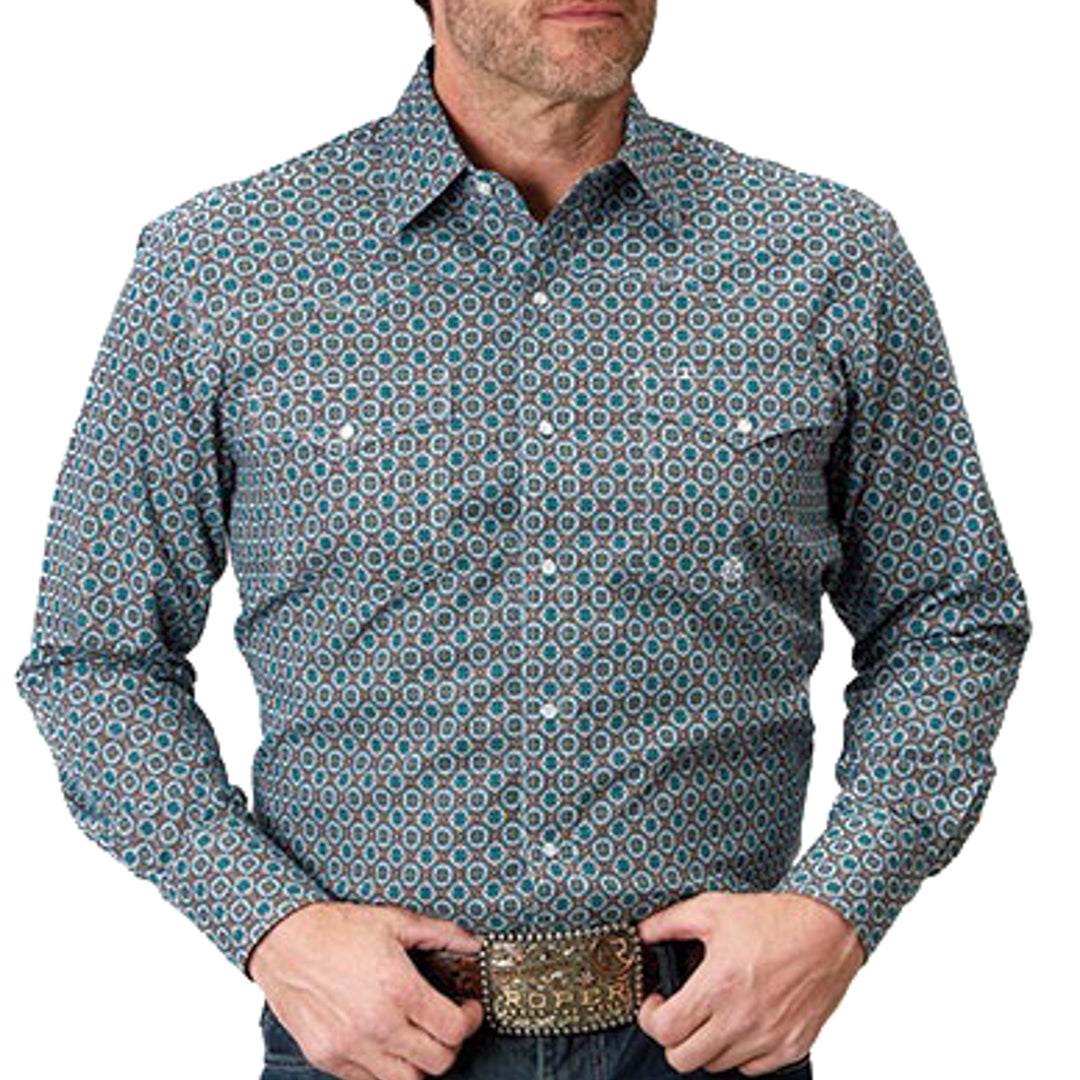 Roper Men's Amarillo Pattern Snap Shirt In Turquoise