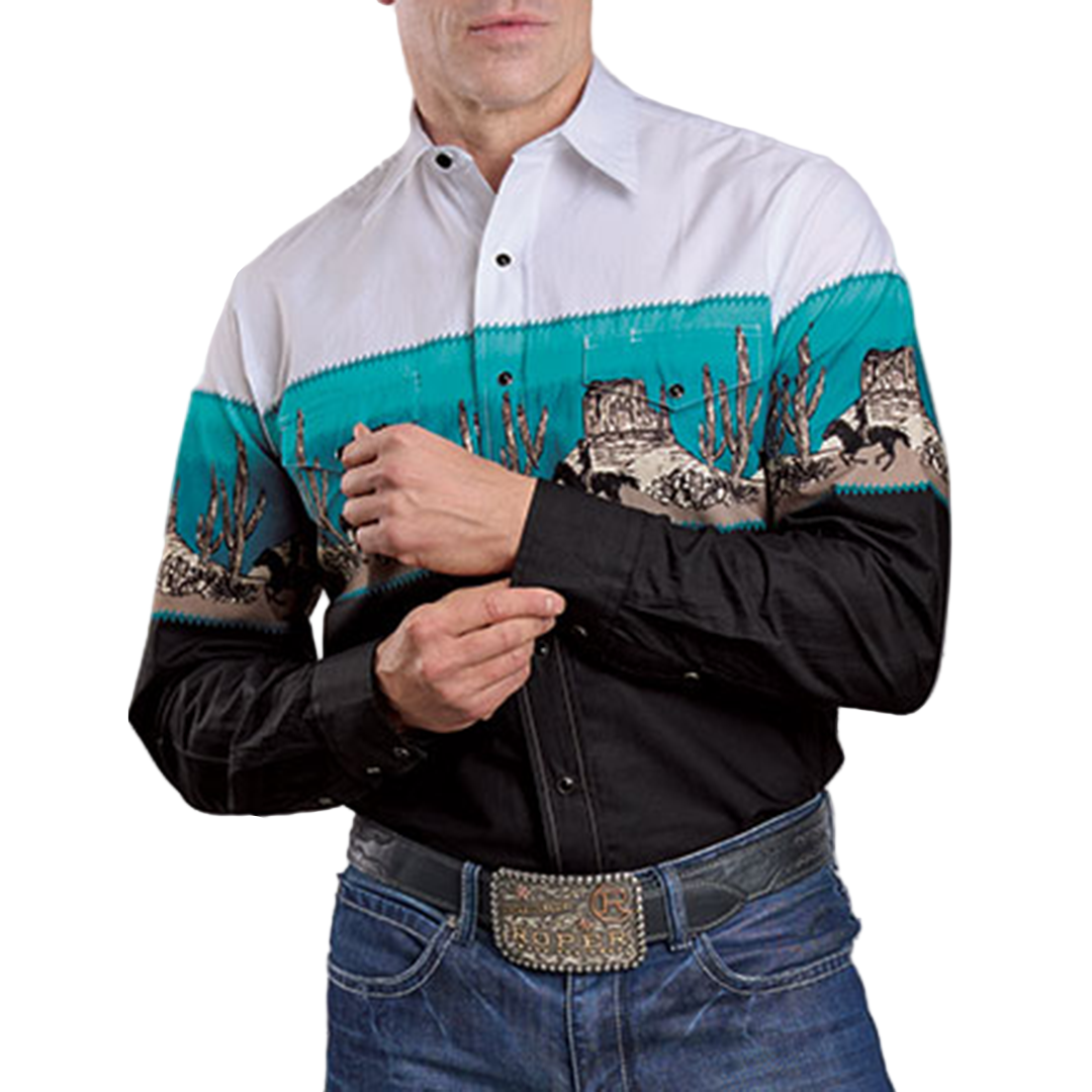 Roper Men's Vintage Collection Scenic Print Border Snap Shirt