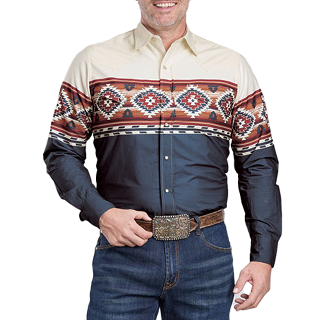 Chemise à manches longues et boutons-pression Roper pour homme, collection Vintage, motif aztèque sur les bords