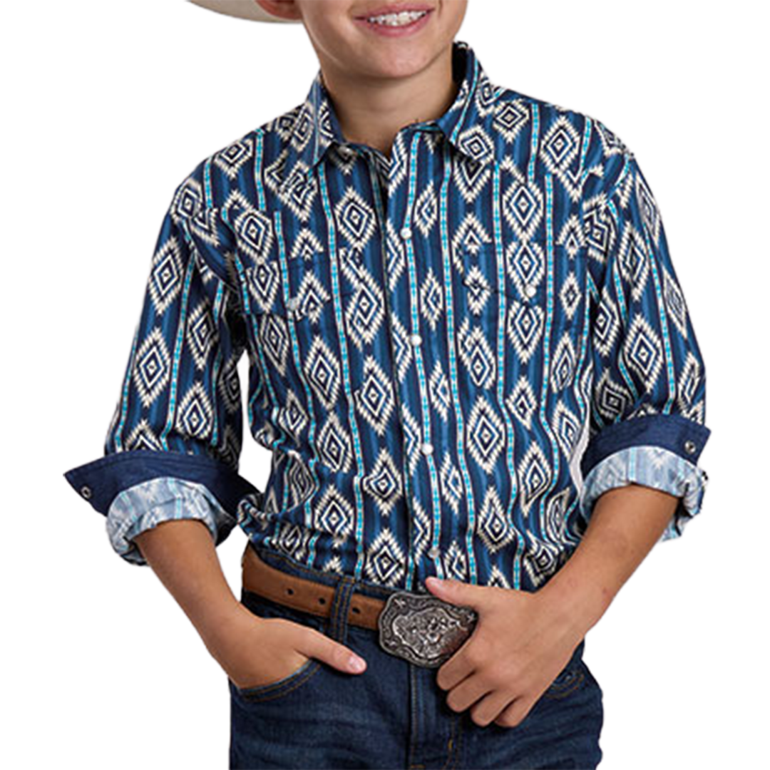 Roper Boys' Aztec Print Long Sleeve Snap Shirt