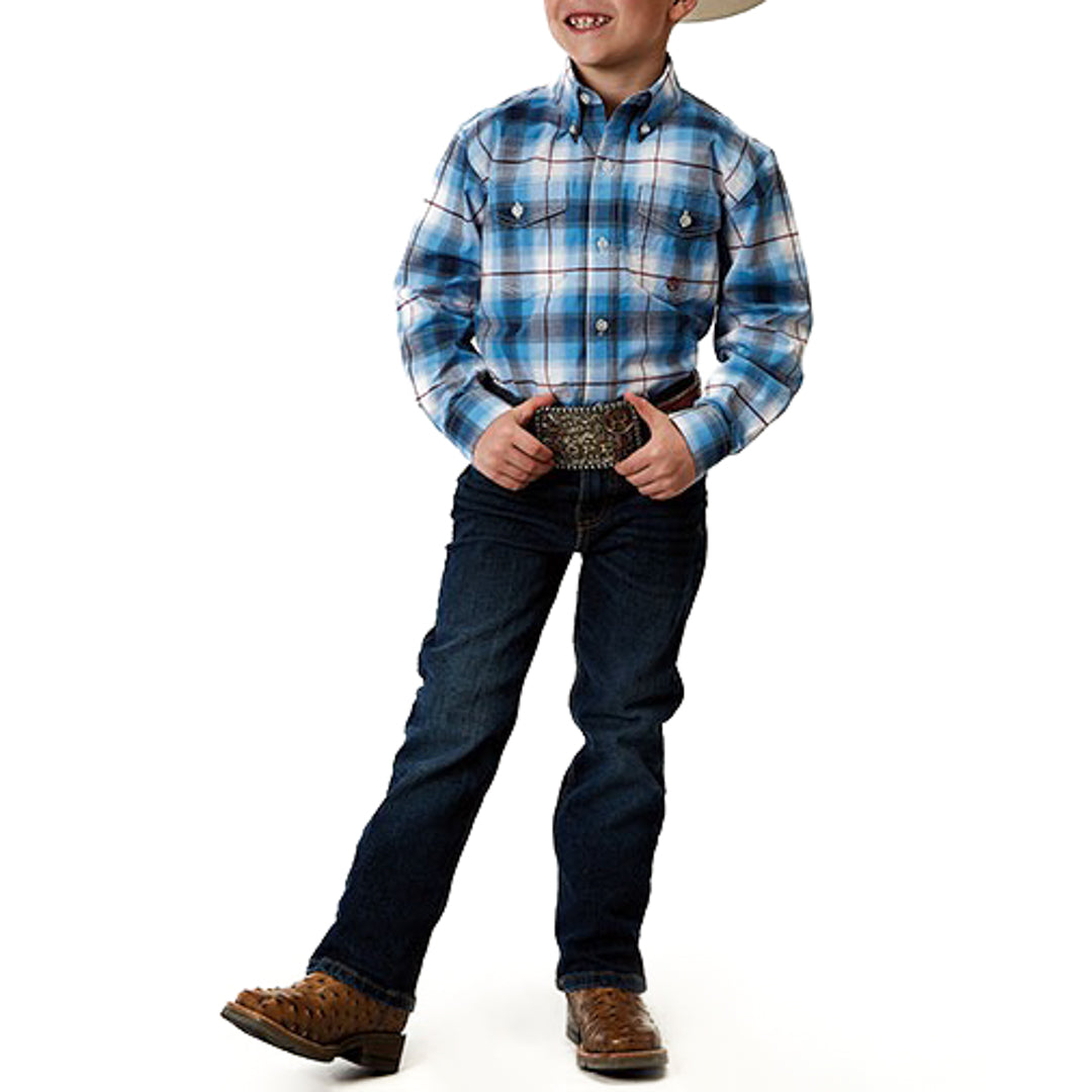 Roper Boys' Plaid Stretch Fit Button-Down Shirt In Blue