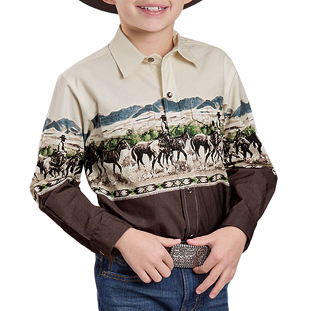 Roper Boys' Horse Border Print Long Sleeve Snap Shirt